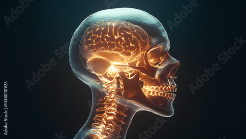 3D Glowing Human Brain and Skull Anatomy – Transparent Medical Visualization