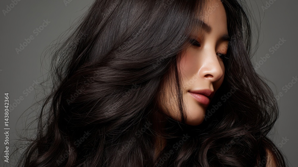 Obraz premium Portrait of a Woman with Long Dark Curly Hair Against Gray Background