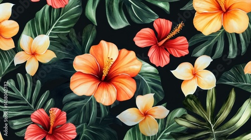 Vibrant Tropical Watercolor Floral Pattern: Hibiscus and Plumeria Paradise