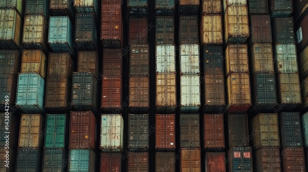 Obraz premium Drone shot of shipping containers in neat rows at a port, international freight management.