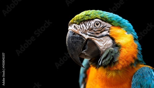 close up of colorful macaw bird face macro parrot bird head on isolated black background with copy space on right green and orange macaw parrot exotic colorful beautiful african macaw parrot