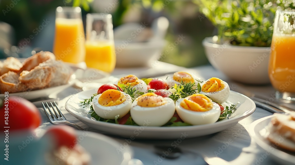 Delicious Halved Boiled Eggs Healthy Breakfast Spring Garden Brunch Sunny Morning Table Food Photography red meal diet high tasty fresh light white Delicious Halved Boiled Eggs Healthy Breakfast Spring Garden Brunch Sunny Morning Table Food Photography red meal diet high tasty fresh light white