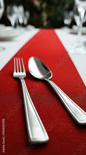 A fork and spoon are neatly placed on a red table runner, set for a formal dining experience.