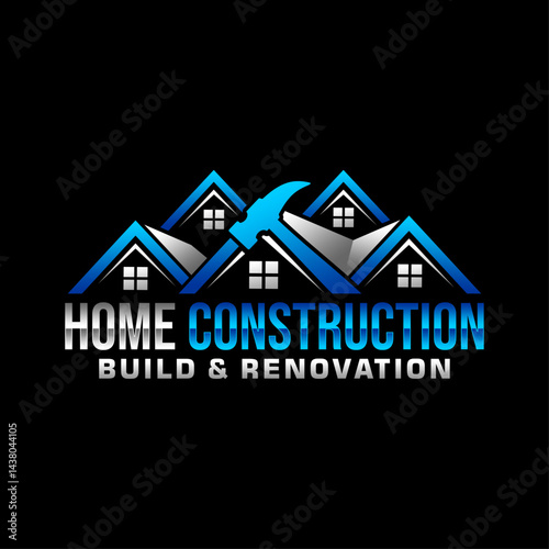 Home construction logo vector illustration template blue and black. Simple letter of house repair build & renovation with black background
