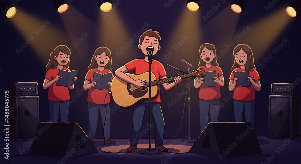 Fototapeta premium Performing Musician Sings and Plays Guitar with Choir Onstage Cartoon