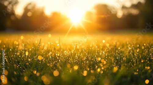 Sunlit meadow adorned with glistening dewdrops, capturing golden hour glow