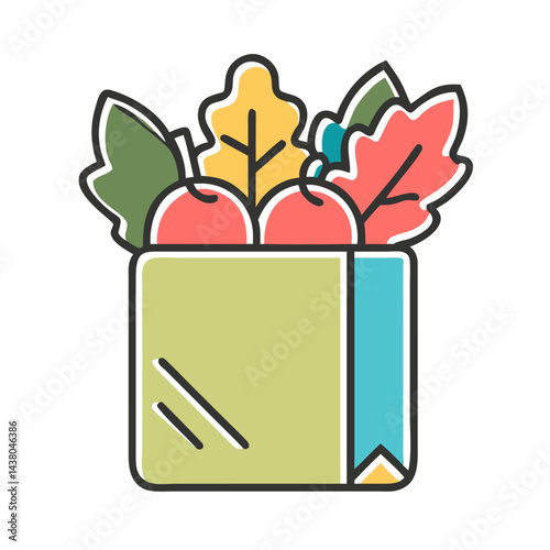 box with colorful fruits and leaves, representing healthy eating and seasonal produce concept, copy space