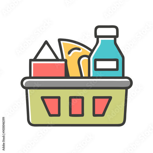grocery basket filled with snacks and drinks, representing shopping and convenience food concept, copy space
