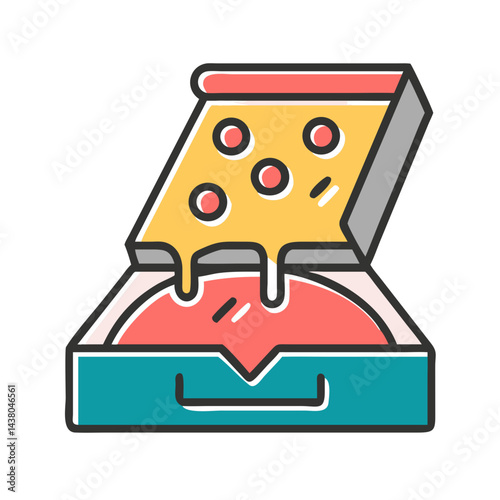 pizza box with cheesy slice, representing food delivery and fast food concept, copy space