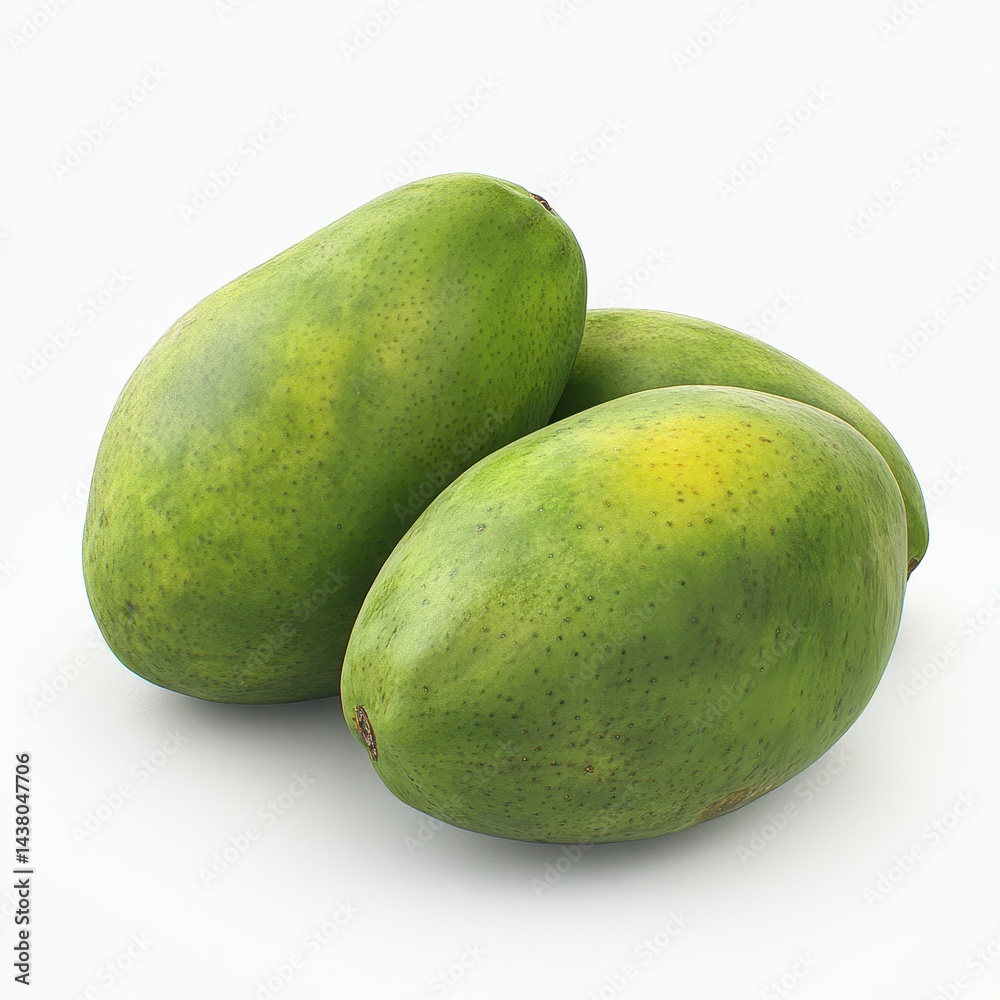 Fresh green mangoes. Three whole, unpeeled, vibrant green mangoes, displaying a slightly bumpy texture, arranged in a group Fresh green mangoes. Three whole, unpeeled, vibrant green mangoes, displaying a slightly bumpy texture, arranged in a group