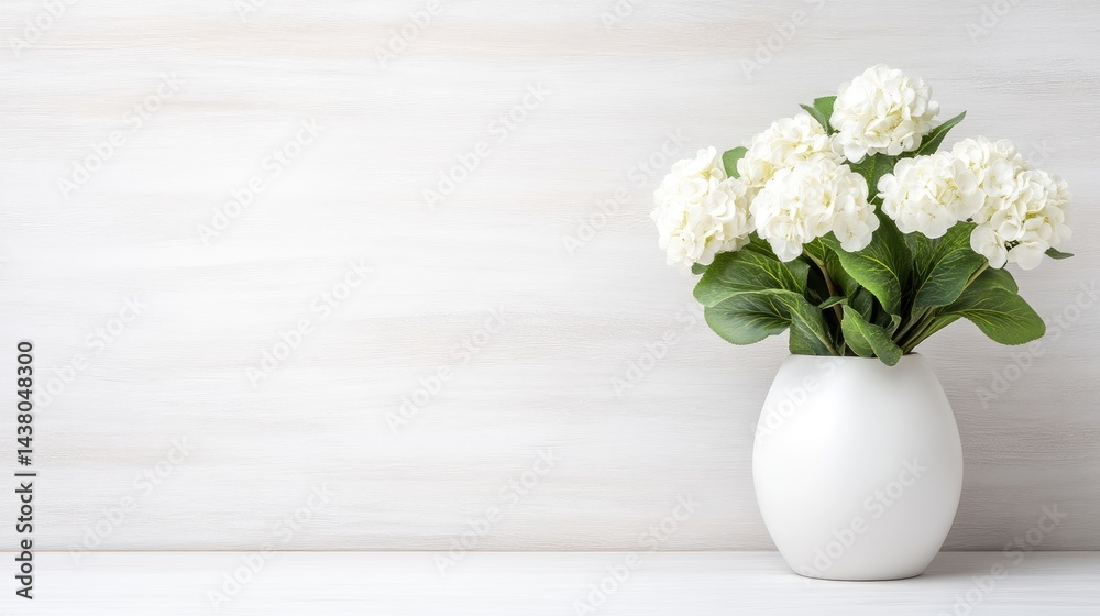 White hydrangeas in a white ceramic vase on a minimalist wooden surface, soft focus background, elegant floral arrangement, and serene indoor decor. White hydrangeas in a white ceramic vase on a minimalist wooden surface, soft focus background, elegant floral arrangement, and serene indoor decor.