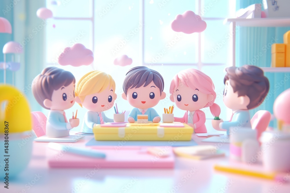 Fototapeta premium Adorable cartoon children collaborate on a project at a pastel-colored desk, surrounded by soft clouds.