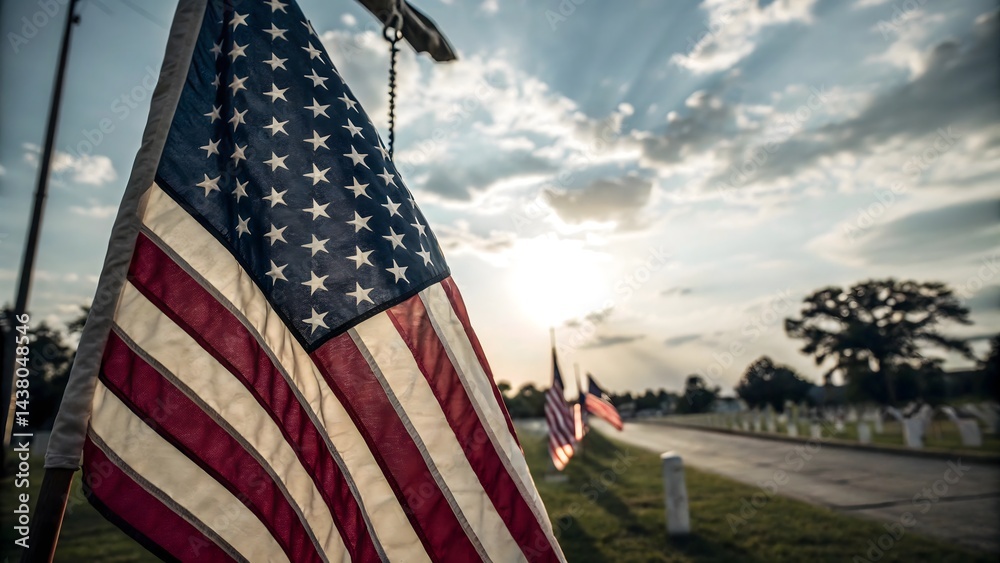 Naklejka premium American Flag Over Cemetery with Sunlit Sky
