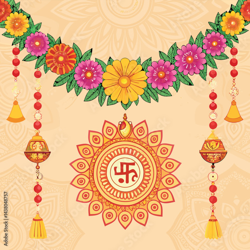 Akshaya Tritiya Indian Festival Greeting Card Illustration With Garland 
