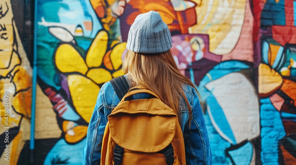Fototapeta premium Urban explorer admiring vibrant street art mural with backpack and beanie