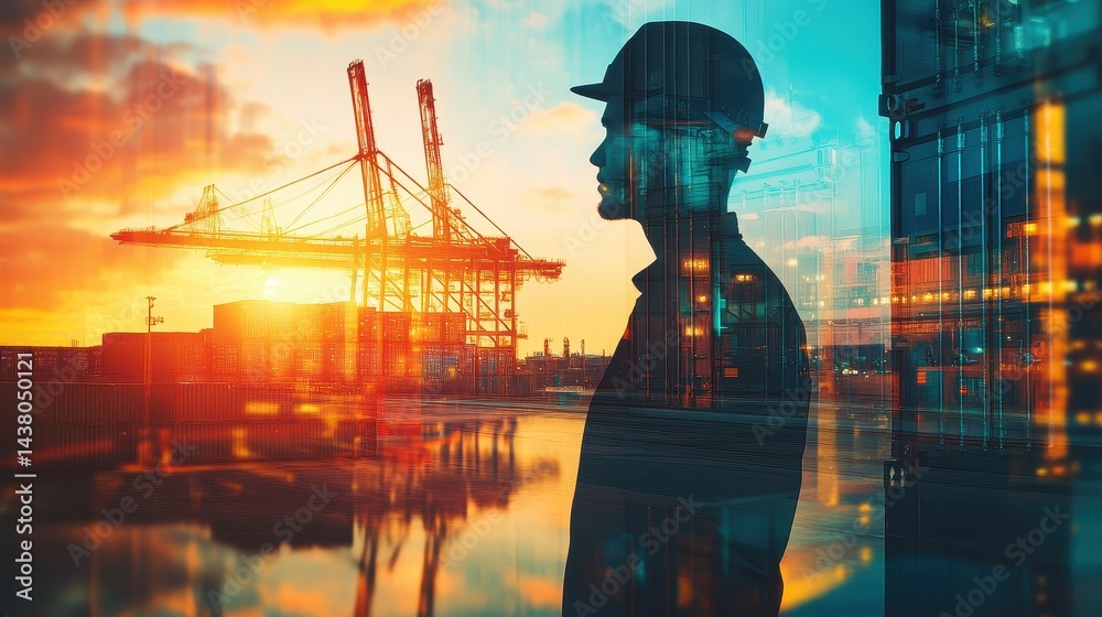 Logistics coordinator checking stock containers at port (close up, focus on, copy space) Bright, vibrant colors with shipping cranes. Double exposure silhouette with shipping containers.