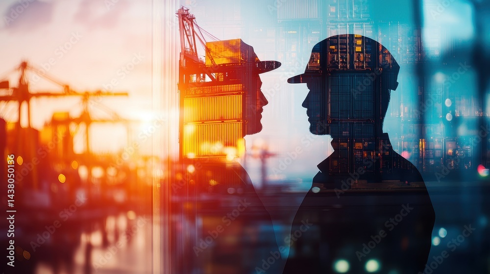 Logistics coordinator checking stock containers at port (close up, focus on, copy space) Bright, vibrant colors with shipping cranes. Double exposure silhouette with shipping containers.