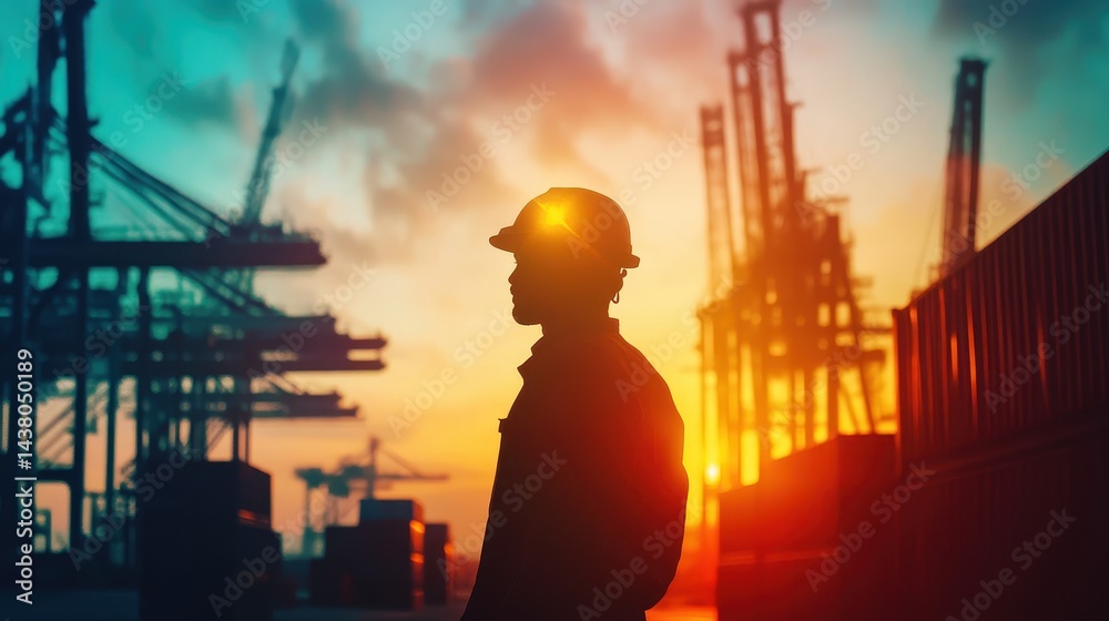 Logistics coordinator checking stock containers at port (close up, focus on, copy space) Bright, vibrant colors with shipping cranes. Double exposure silhouette with shipping containers.