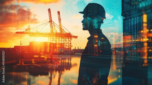 Obraz na płótnie Logistics coordinator checking stock containers at port (close up, focus on, copy space) Bright, vibrant colors with shipping cranes. Double exposure silhouette with shipping containers. w salonie