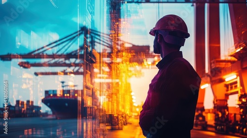 Obraz na płótnie Logistics coordinator checking stock containers at port (close up, focus on, copy space) Bright, vibrant colors with shipping cranes. Double exposure silhouette with shipping containers. w salonie