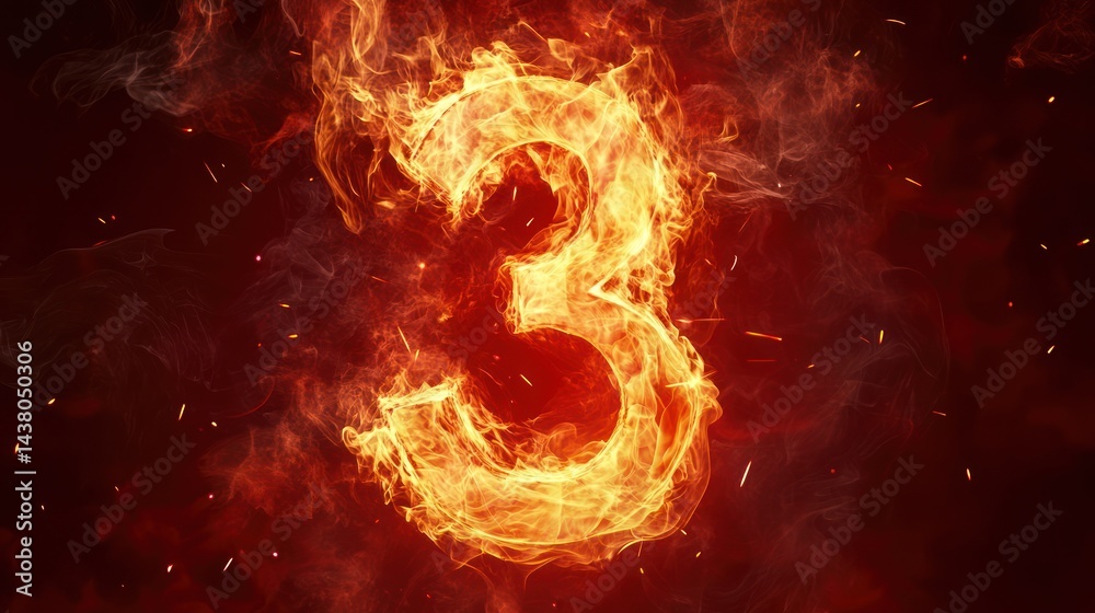Fiery number three, dark background, burning, inferno, graphic design Fiery number three, dark background, burning, inferno, graphic design