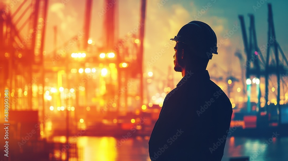 Logistics coordinator checking stock containers at port (close up, focus on, copy space) Bright, vibrant colors with shipping cranes. Double exposure silhouette with shipping containers.
