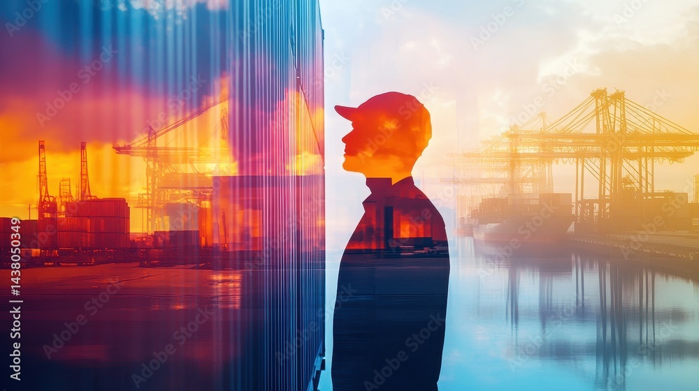 Logistics coordinator checking stock containers at port (close up, focus on, copy space) Bright, vibrant colors with shipping cranes. Double exposure silhouette with shipping containers.