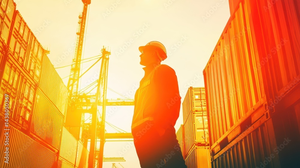 Logistics coordinator checking stock containers at port (close up, focus on, copy space) Bright, vibrant colors with shipping cranes. Double exposure silhouette with shipping containers.