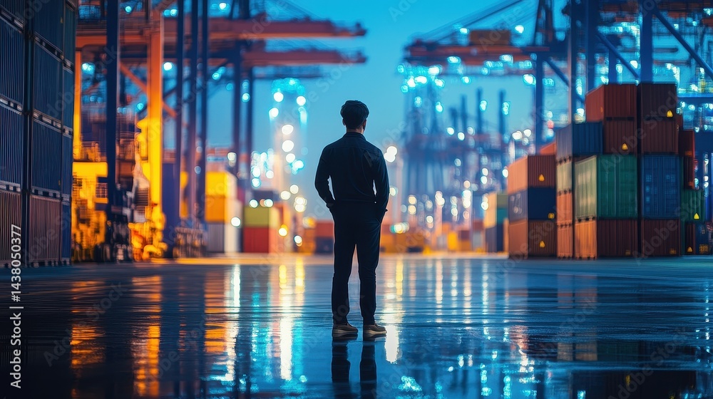 Logistics coordinator checking stock containers at port (close up, focus on, copy space) Bright, vibrant colors with shipping cranes. Double exposure silhouette with shipping containers.