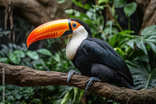 Juvenile toucan rests on branch in lush rainforest with vibrant beak