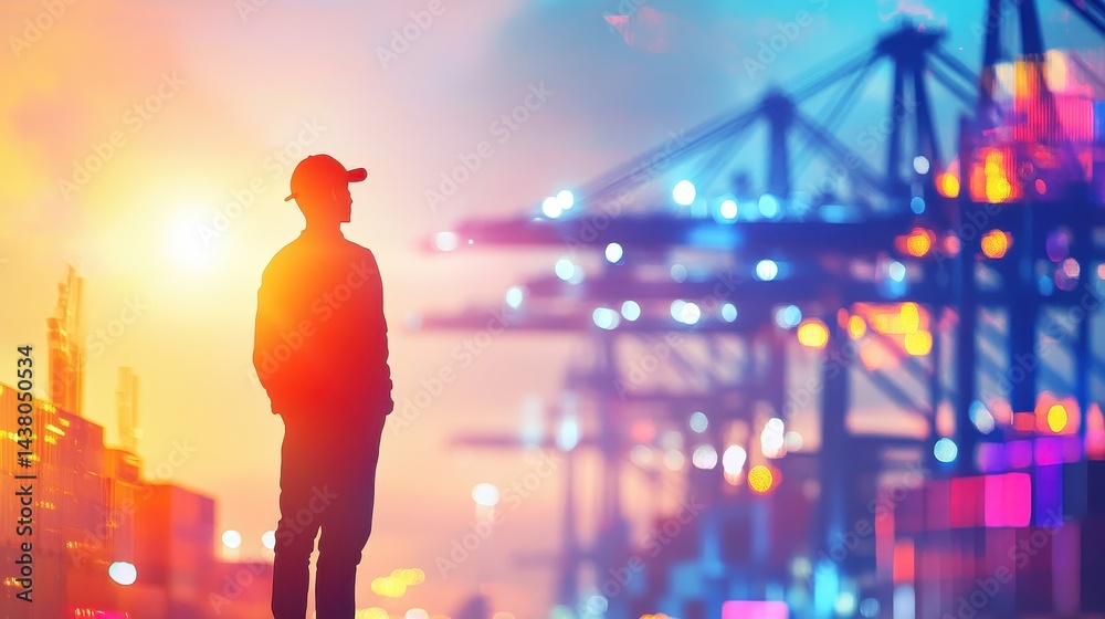 Logistics coordinator checking stock containers at port (close up, focus on, copy space) Bright, vibrant colors with shipping cranes. Double exposure silhouette with shipping containers.