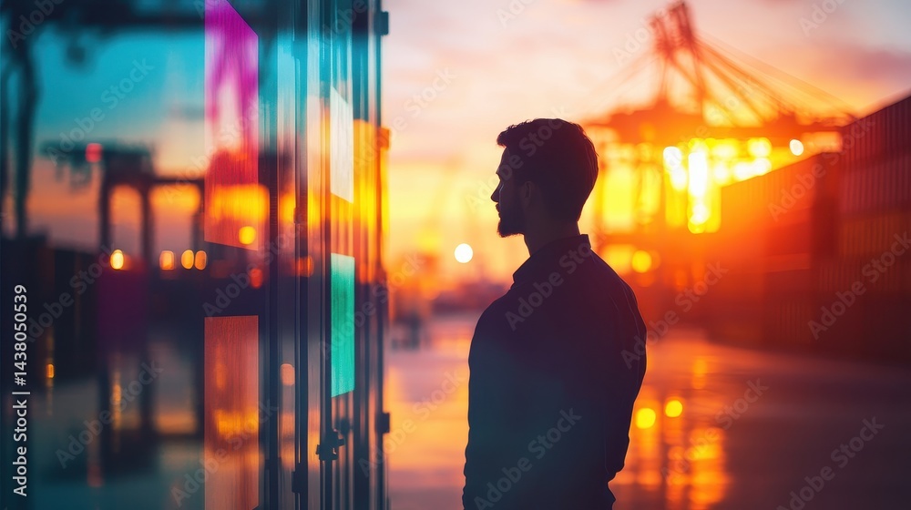 Logistics coordinator checking stock containers at port (close up, focus on, copy space) Bright, vibrant colors with shipping cranes. Double exposure silhouette with shipping containers.