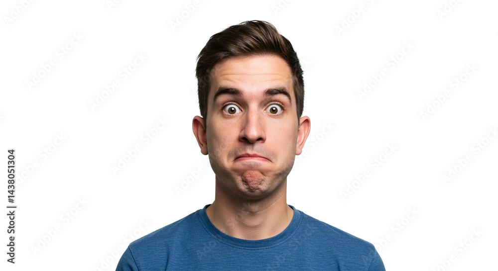 Portrait of a young man reacting to something shocking. He has his eyes wide open and his mouth shut in an expression of surprise. Portrait of a young man reacting to something shocking. He has his eyes wide open and his mouth shut in an expression of surprise.