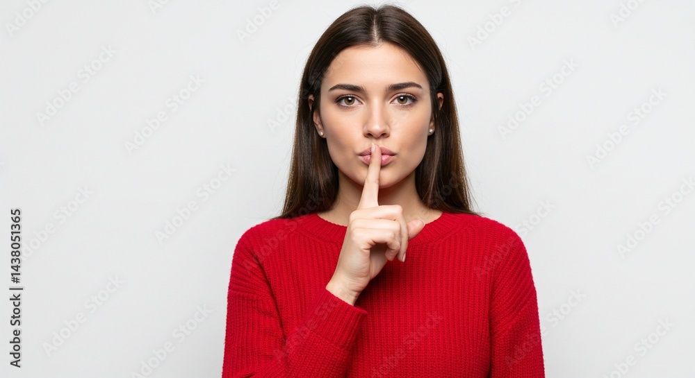 A brunette woman wearing a red sweater is holding a finger to her lips in a shushing gesture against a neutral background. A brunette woman wearing a red sweater is holding a finger to her lips in a shushing gesture against a neutral background.