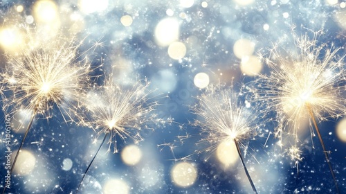 Bright Sparkling Fireworks Festive New Years Celebration Night fun blue gold party event  