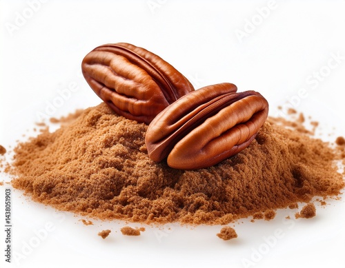two pecans resting on a pile of ground pecan powder against white background