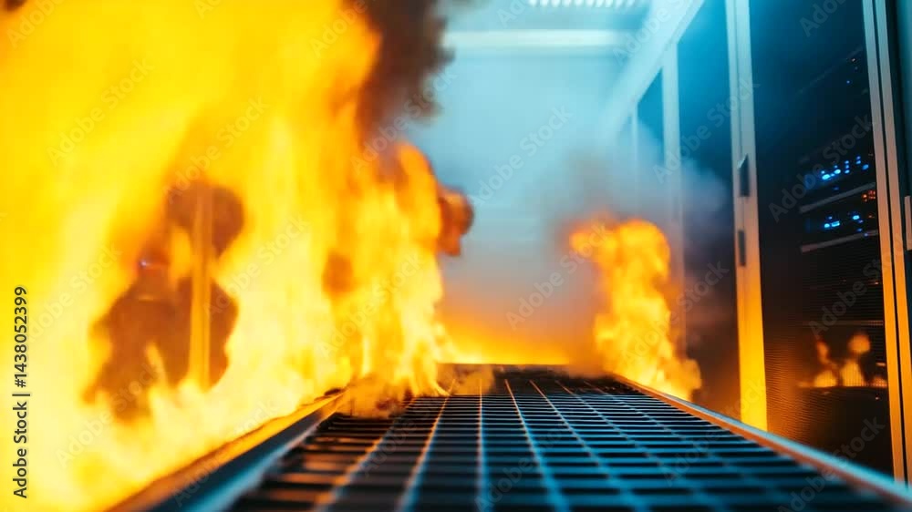 Fired Server Rack Flames erupt from a server rack in a data center, causing smoke to ...