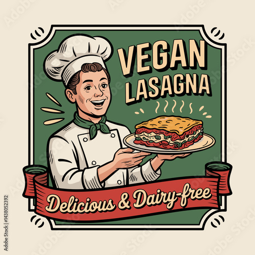 Vegan Lasagna Chef Retro Badge