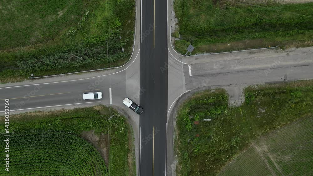 Vertical aerial view of vehicles stopping at a four-way intersection - Vue verticale aérienne de véhicules marquant l'arrêt à un croisement à quatre arrêts