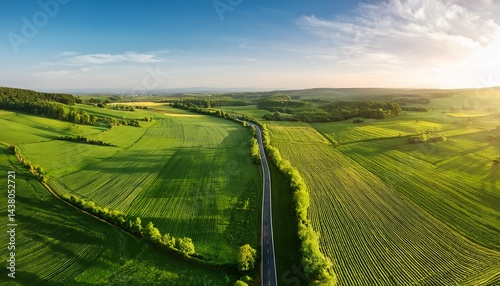 aerial view of lush green agricultural fields and road