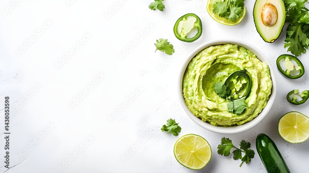 Obraz premium Fresh Guacamole Bowl Garnished with Cilantro and Sliced Jalapeños