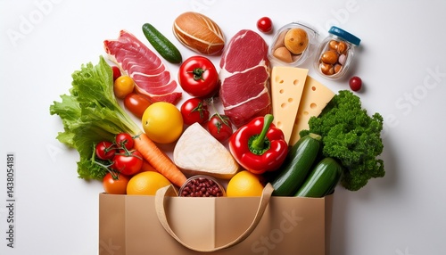 a paper bag full of fresh groceries including fruits vegetables cheese and meats on white background