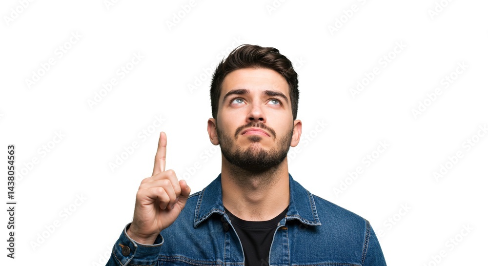 A young man with a beard looks upwards and points with his index finger, isolated against a plain white background in a studio shot. A young man with a beard looks upwards and points with his index finger, isolated against a plain white background in a studio shot.
