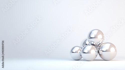 Metallic Spheres Minimalist Design High-gloss Render Wide Angle Shot Reflective Surfaces Resting Composition Neutral White Background Cool Silver Tones Ideal for Technology Ads