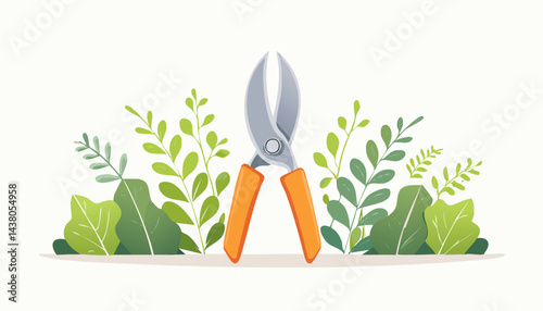 A minimalist vector showing pruning shears cutting through vibrant leaves, representing growth, development, and transformation. Great for agricultural or wellness designs.