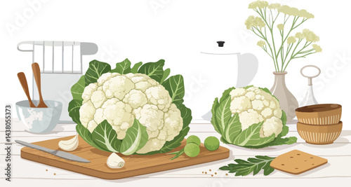 Cauliflower vector design, Cauliflower on cutting board in Kitchen illustration vector design
