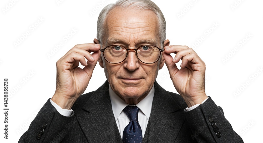 Portrait of an older gentleman in a suit adjusting his glasses, against a stark white background, highlighting his professional demeanor. Portrait of an older gentleman in a suit adjusting his glasses, against a stark white background, highlighting his professional demeanor.