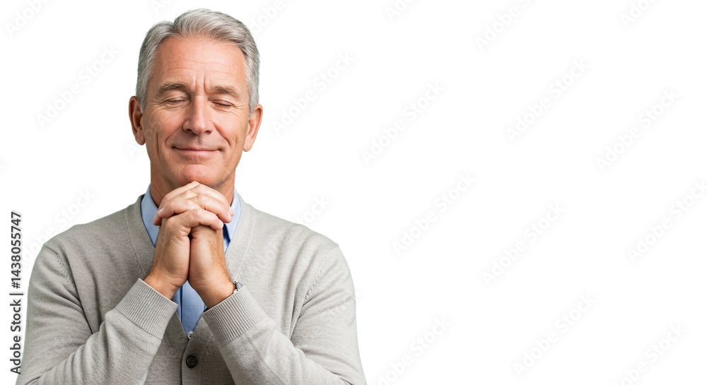 Serene Senior: Gray-haired man with hands clasped in contemplation, eyes closed in peaceful concentration against a bright, white backdrop. Serene Senior: Gray-haired man with hands clasped in contemplation, eyes closed in peaceful concentration against a bright, white backdrop.