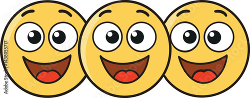 Three happy cartoon faces expressing joy