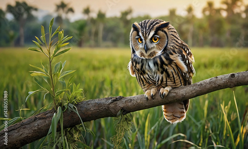 an owl is perched on a branch in the rice fields, produced by ai